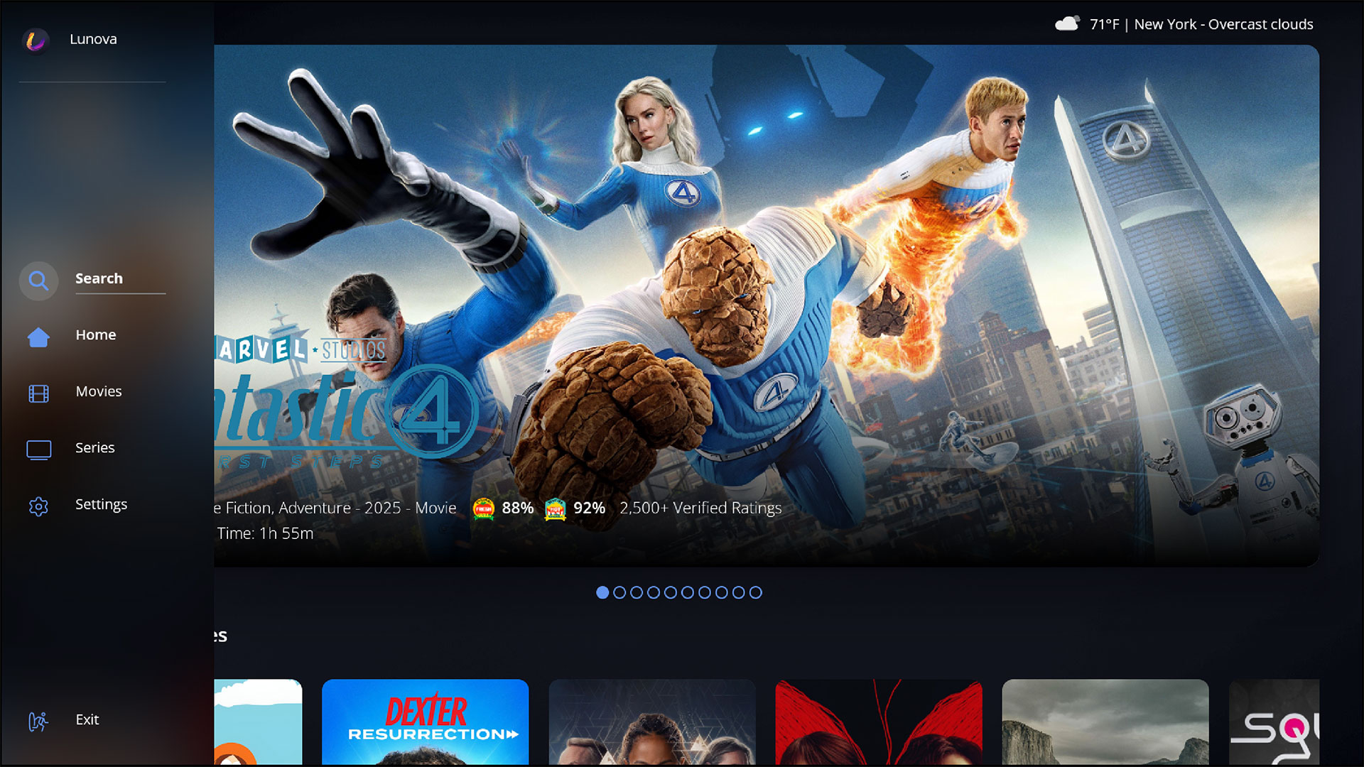 Lunova Player home screen with playlist categories and media browser